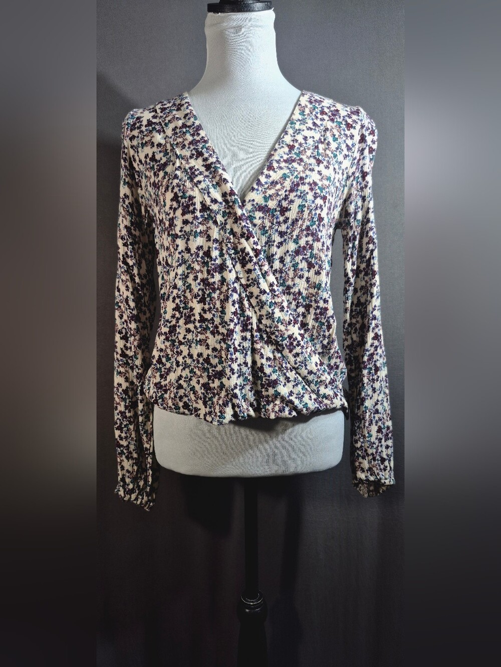 Mossimo Supply Co. Cream Floral Wrap Blouse with Purple and Teal Accents